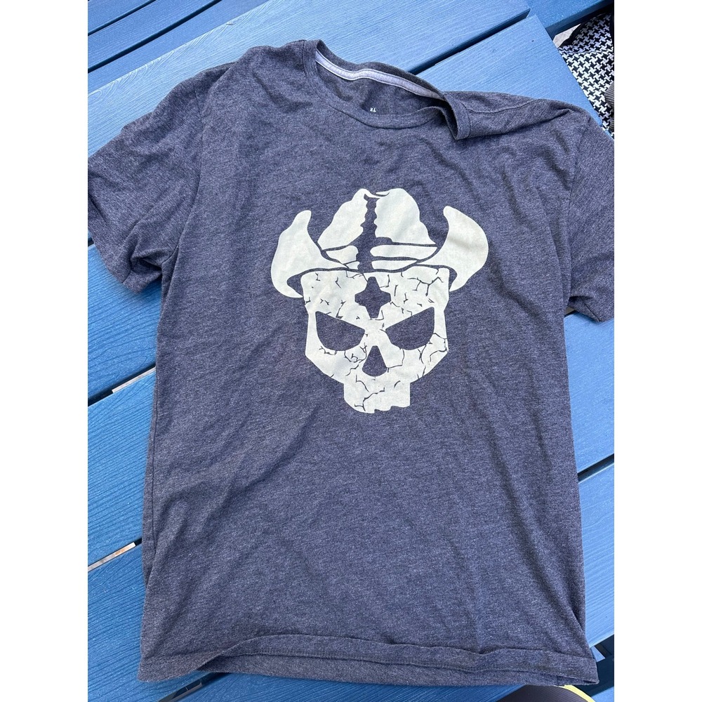 UFFF Los Muertos Beach Skull Cowboy Hat Graphic Tee Charcoal Heather Gray XL